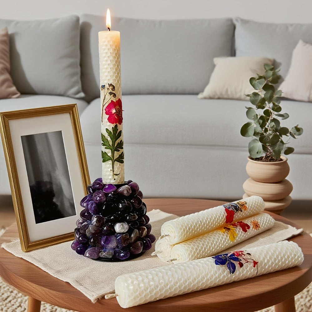 Floral Cone Candle Holders Set of 4 ¨C 10-Inch Decorative Beeswax Taper Candles for Holiday Parties, Valentine's Day & Mother's Day Gifting
