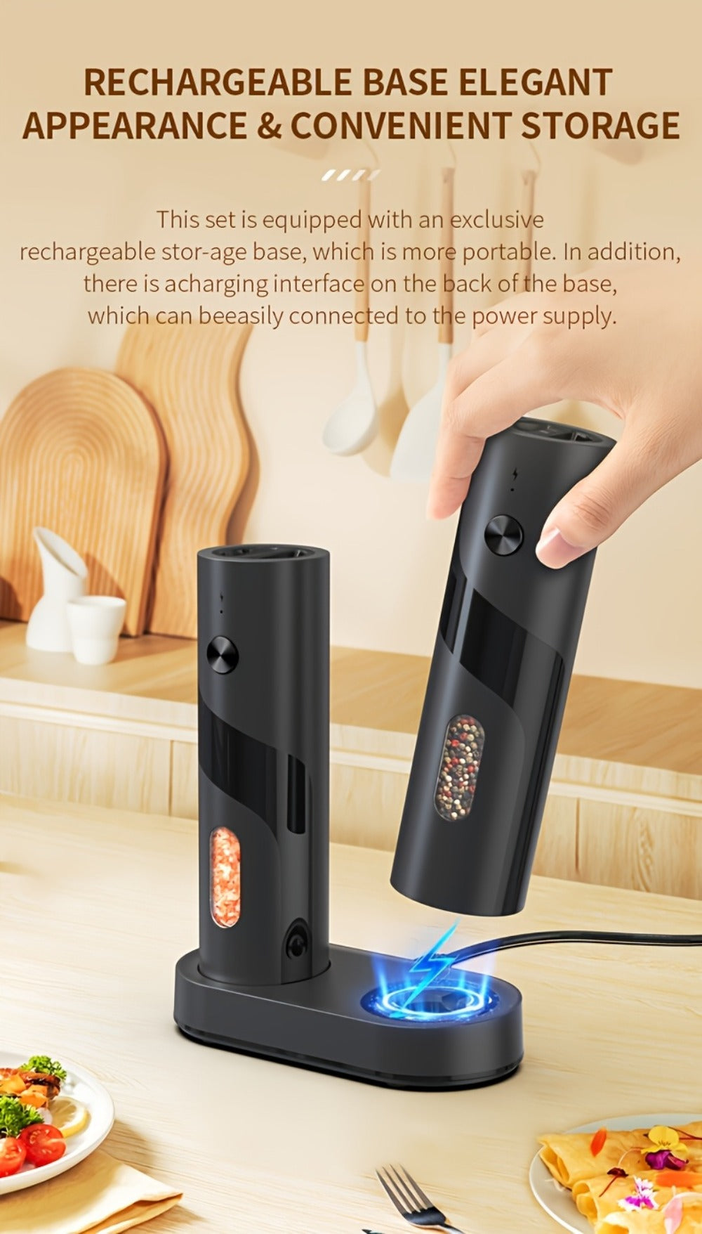 Electric Salt and Pepper Grinder Set with LED Light, Rechargeable Automatic Salt Pepper Mill, Adjustable Coarseness 3.72oz Large Capacity, Kitchen BBQ Restaurant Outdoor Wedding Gift