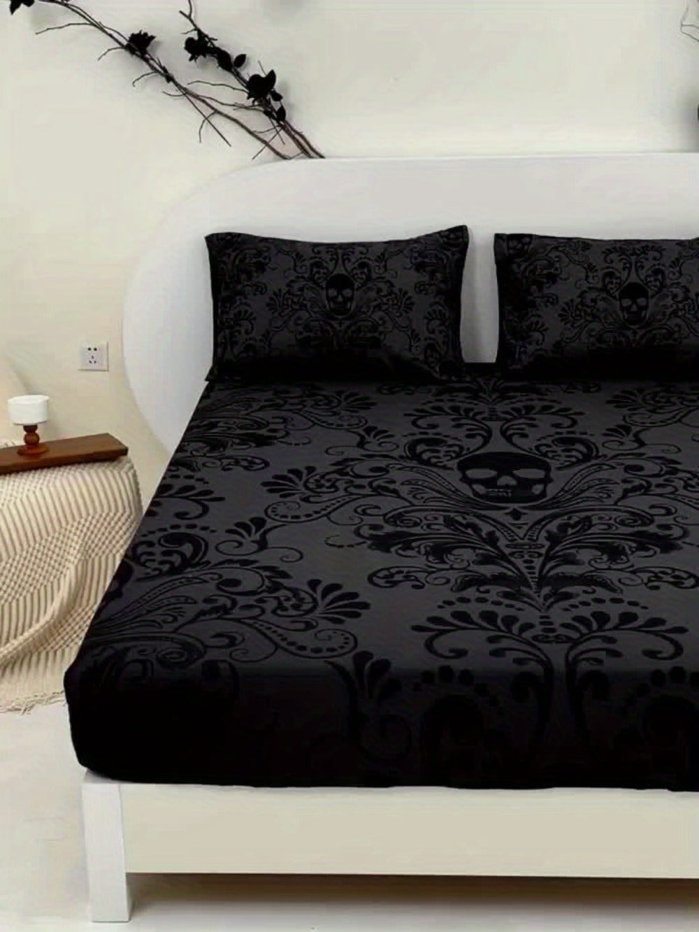 Gothic Skull Fitted Sheet Set 3-Piece ¨C Victorian Baroque Halloween Bedding | 1 Deep Pocket Fitted Sheet + 2 Pillowcases | Machine Washable Hypoallergenic Polyester | Twin Full Queen King