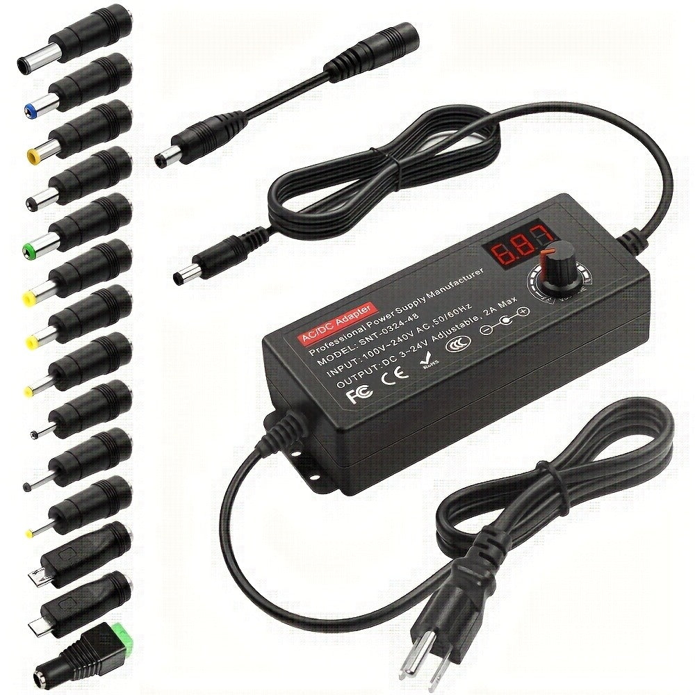 AC to DC Power Adapter 48W Adjustable 4-24V - LCD Voltage Display, Knob Control, 15 Interchangeable Tips & Polarity Converter, Overvoltage & Short Circuit Protection, 100-240V Universal Input