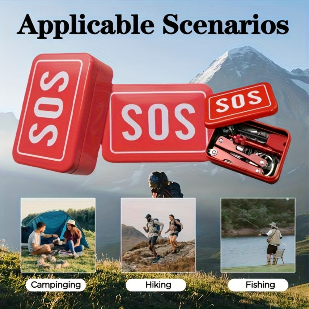Outdoor Survival Gear Kit 6pcs SOS Emergency Set with Multi-Tool Whistle Compass Fire Starter Paracord Compact Wilderness Survival Tool Kit for Camping Hiking Backpacking Hunting Adventure Red