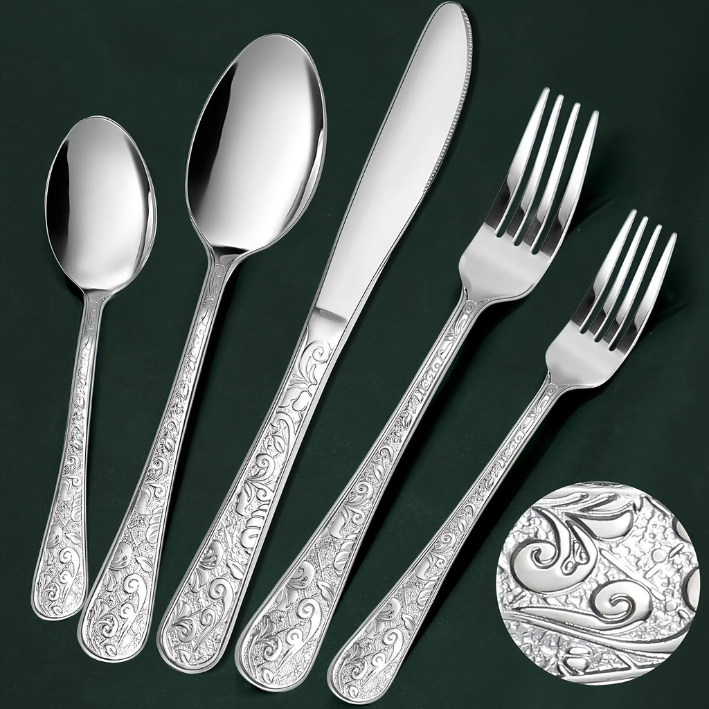 Flatware Set Stainless Steel Vintage Carved Cutlery Set Knife Fork Spoon Dishwasher Safe for Family Gatherings Holiday Parties Kitchen Decor
