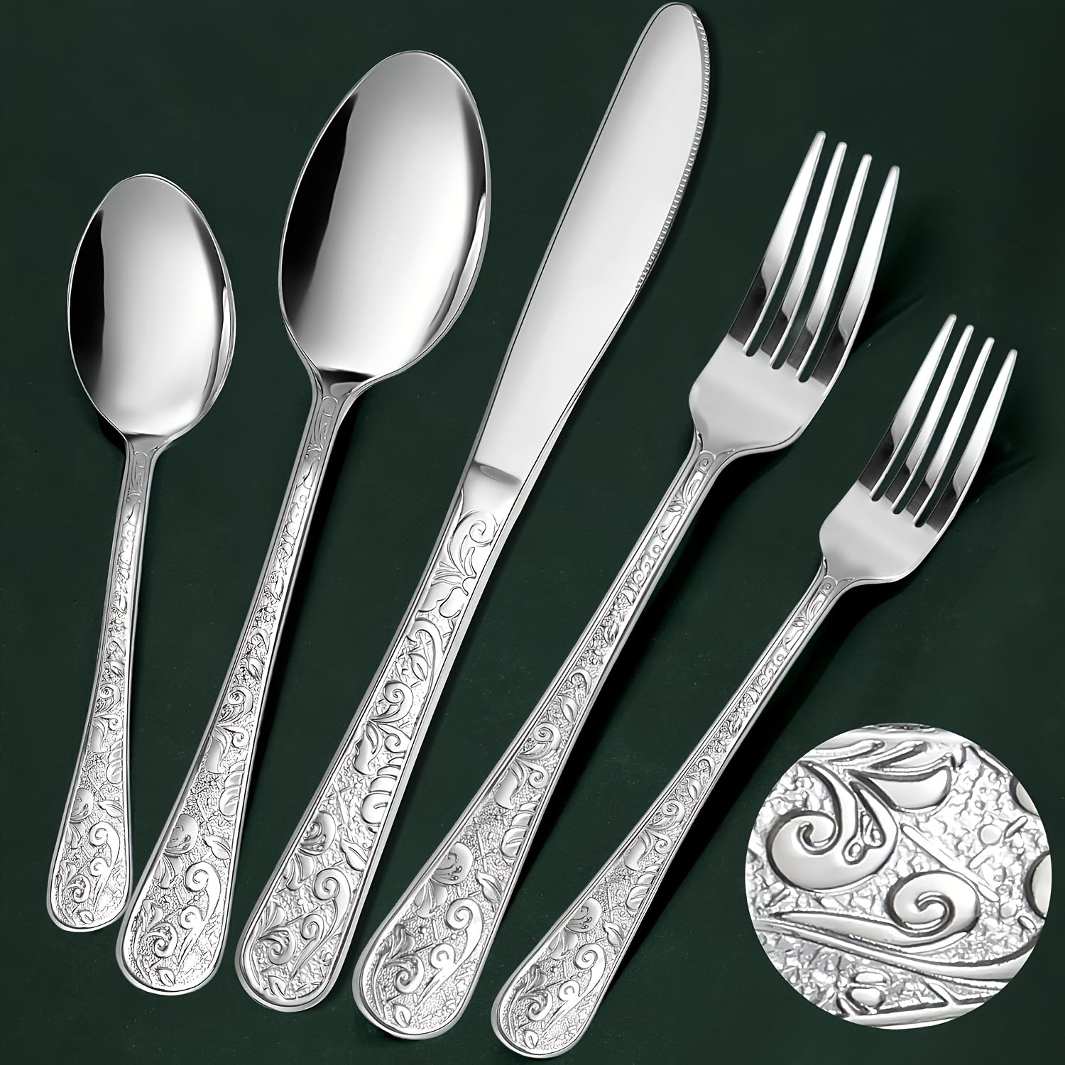 Flatware Set Stainless Steel Vintage Carved Cutlery Set Knife Fork Spoon Dishwasher Safe for Family Gatherings Holiday Parties Kitchen Decor