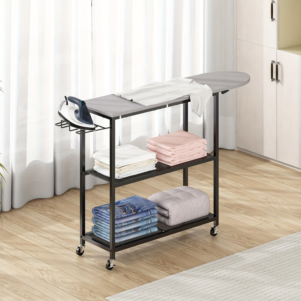 3-Tier Ironing Board Cart with Wheels ¨C Rolling Laundry Station with Multi-Layer Storage Shelves for Living Room, Bedroom & Outdoor Use