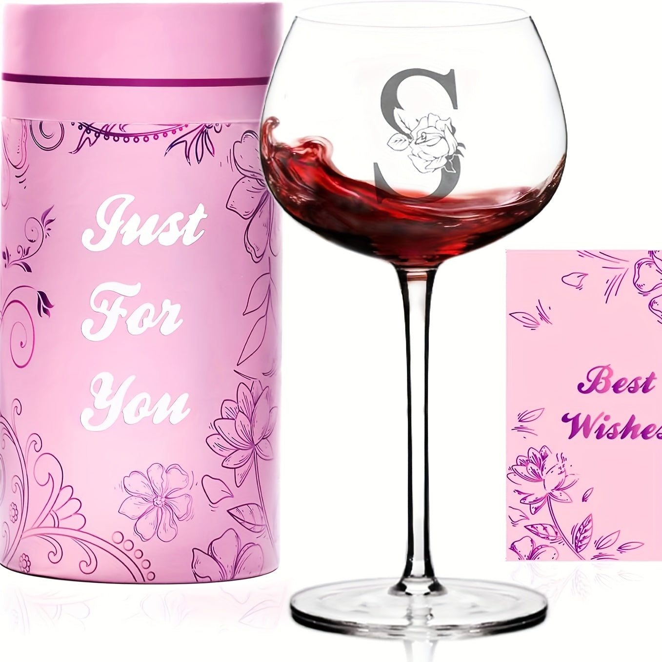 Personalized Wine Glass Gift for Women ¨C A-Z Initial Letter Monogrammed Wine Glass with Gift Box & Greeting Card ¨C Unique Birthday, Christmas & Mother's Day Gift for Mom, Best Friend & Sister