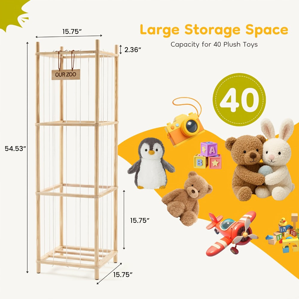 Wooden Stuffed Animal Storage Organizer for Kids Large Plush Toy Holder Zoo Space Saving Display Rack for Playroom Bedroom Nursery Natural White Pink
