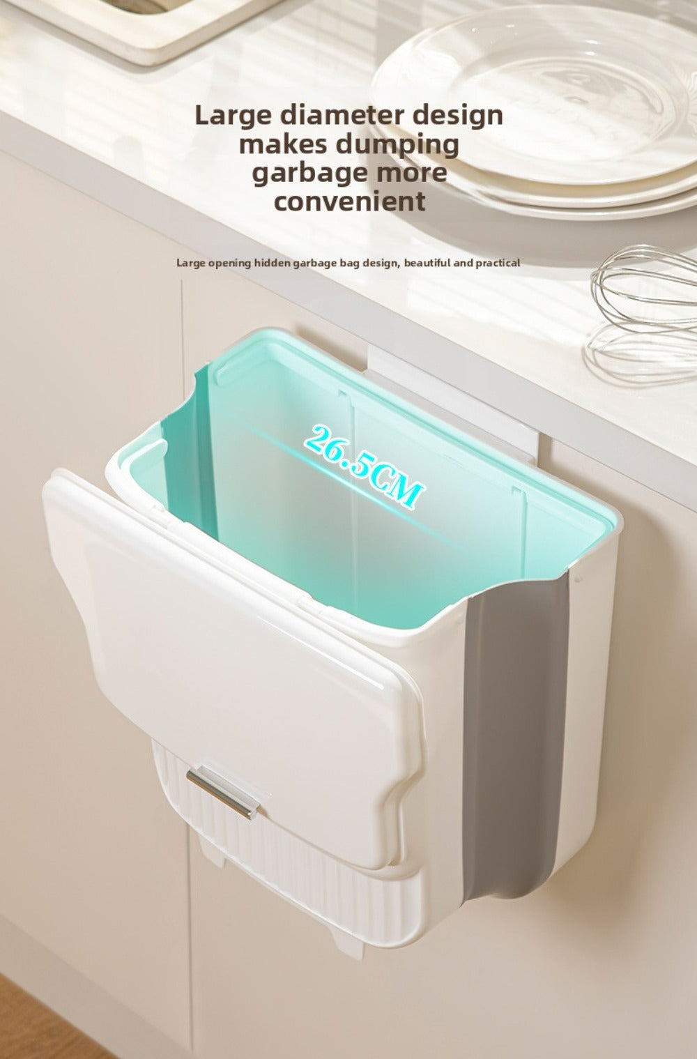 Collapsible Trash Can with Lid Wall Mounted Cabinet Door Hanging Waste Bin 1.85 Gallon Kitchen Bathroom Odor Control Space Saving Garbage Can