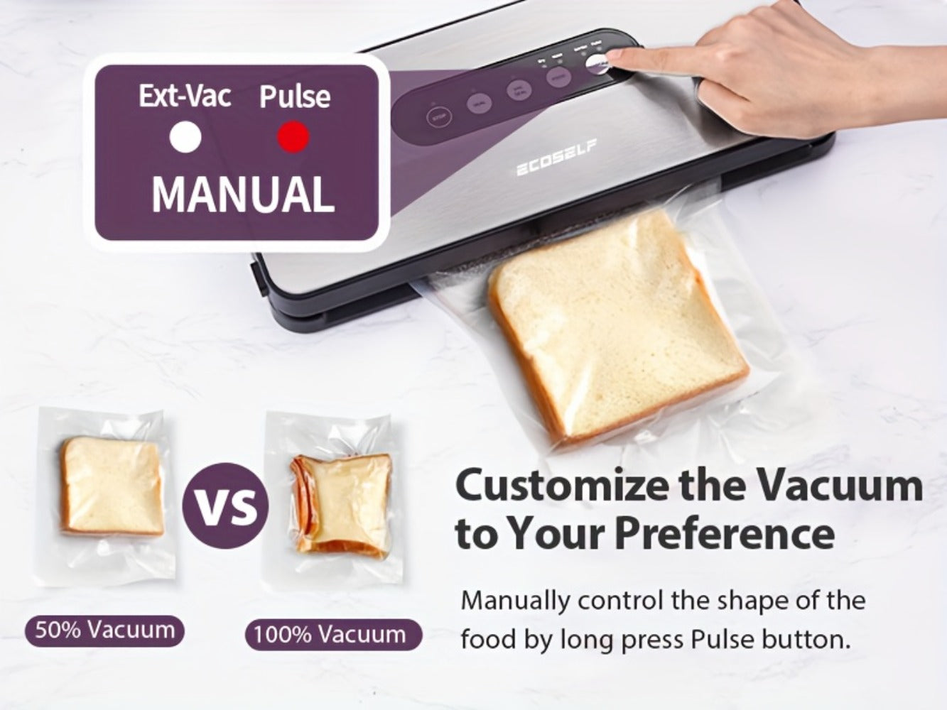 Vacuum Sealer Machine 8-in-1 ¨C 65Kpa Food Sealer with Cutter, Accessory Hose, 10 Bags Included, Stainless Steel, External Vacuum Port for Food Storage, Sous Vide & Meal Prep