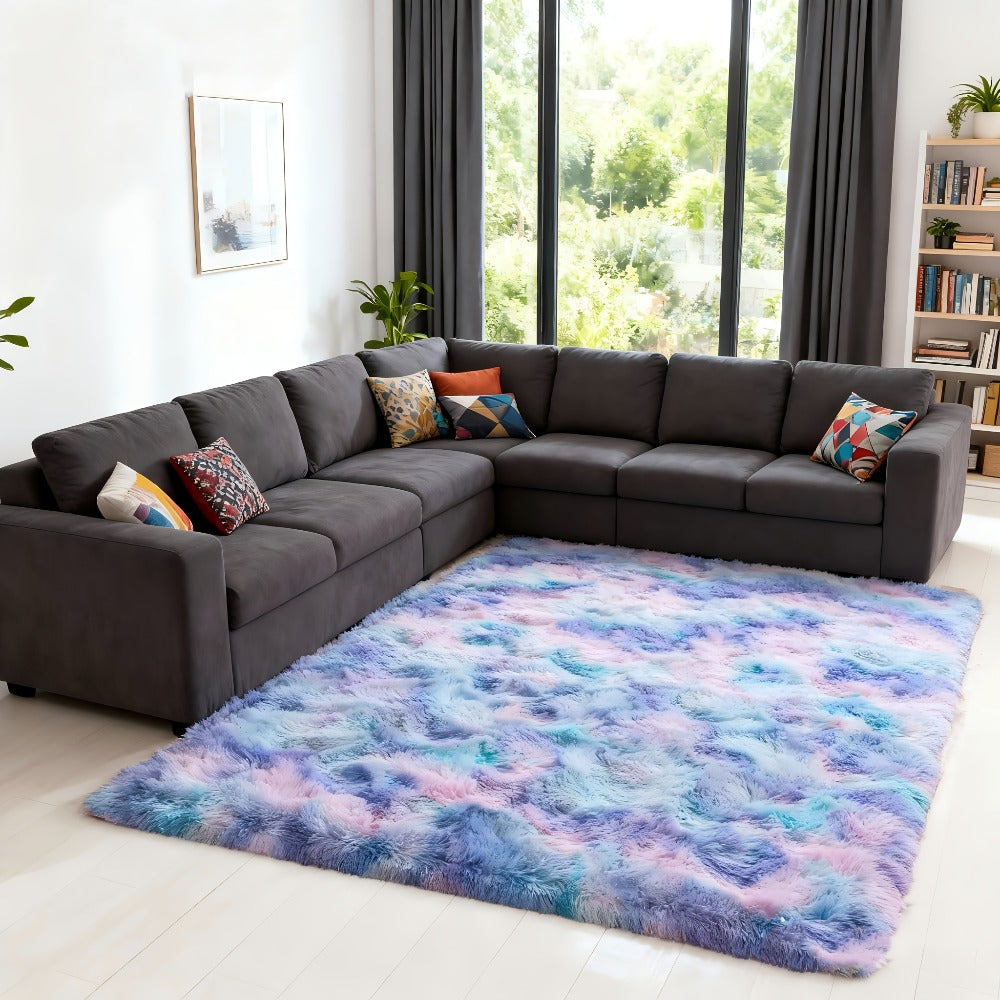 Tie Dye Rainbow Purple Shag Area Rug Non-Slip Machine Washable Carpet Multiple Sizes Living Room Bedroom