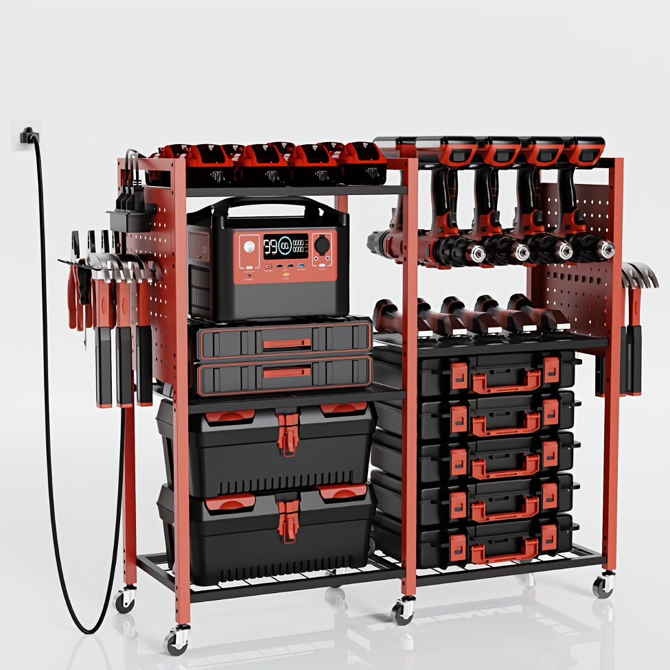 Mobile Tool Cart with Charging Station ¨C 12 Drill Holders & 5 Storage Shelves Power Tool Organizer | Rolling Utility Rack Toolbox with Battery Charging Power Strip for Garage & Workshop | 4 Colors