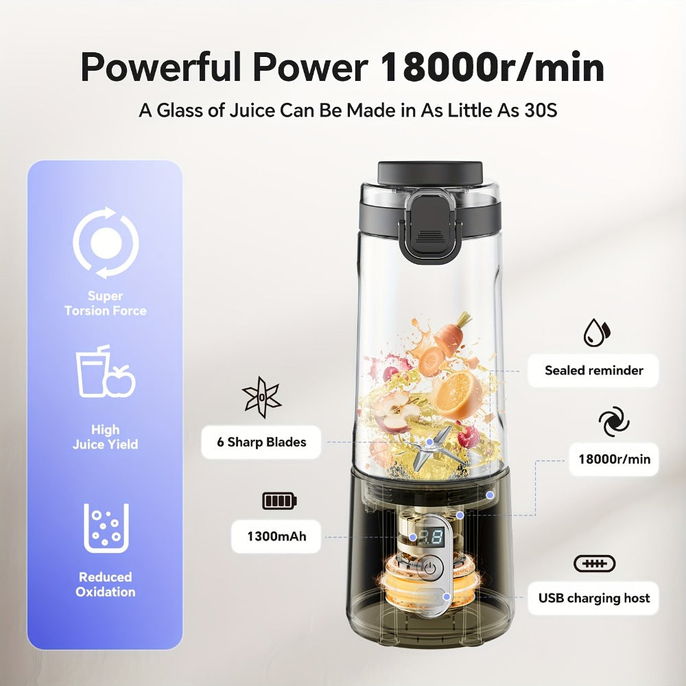 Portable Smoothie Blender USB-C Fast Charge 6-Blade Stainless Steel ¨C Digital Timer Battery Display High-Speed Ice Crush No-Spill Lid | Protein Shake Gym Travel Blender in Black Pink White