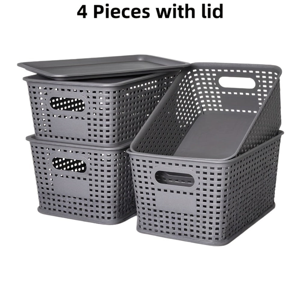 Storage Organizer Bins with Lids 4/8 Pack | Space-Saving Stackable Boxes 10¡±x7¡±x4¡± for Shelves, Closet & Desk - Declutter Bins for Dorm, Playroom & Office with File Organizer Bag, White Black Gray Red