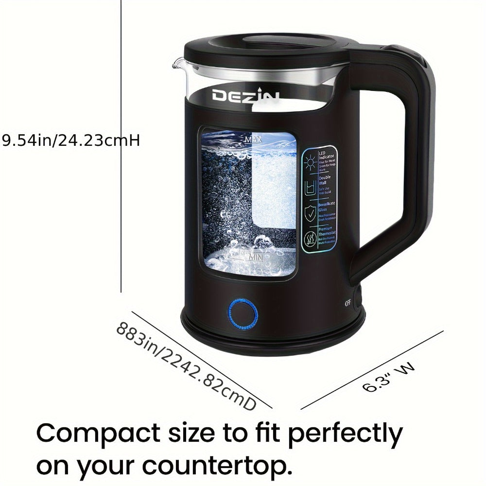 Glass Electric Kettle with Blue LED Light ¨C 1.5L Borosilicate Glass Water Boiler, Auto Shut-Off & Boil-Dry Protection, Fast Heating Hot Water Kettle for Tea & Coffee ¨C Azure, Black