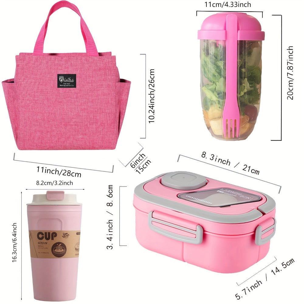 2-Layer Bento Lunch Box Set with Cup and Meal Bag - Multi-Grid Lunch Box for School, Office & Outdoor Picnics, Food Storage Container with Milk Cup, Salad Cup, Coffee Cup or Soup Bowl, Pink Blue Green White