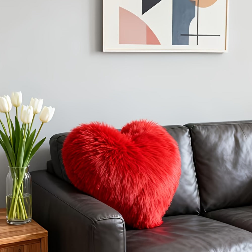 Heart Shaped Plush Pillow Cover Faux Wool Fluffy Cushion Cover for Sofa Bed Chair Car - Valentine's Day Decor Throw Pillowcase 17¡± Soft Decorative Pillow Case, Red & Pink, Insert Not Included