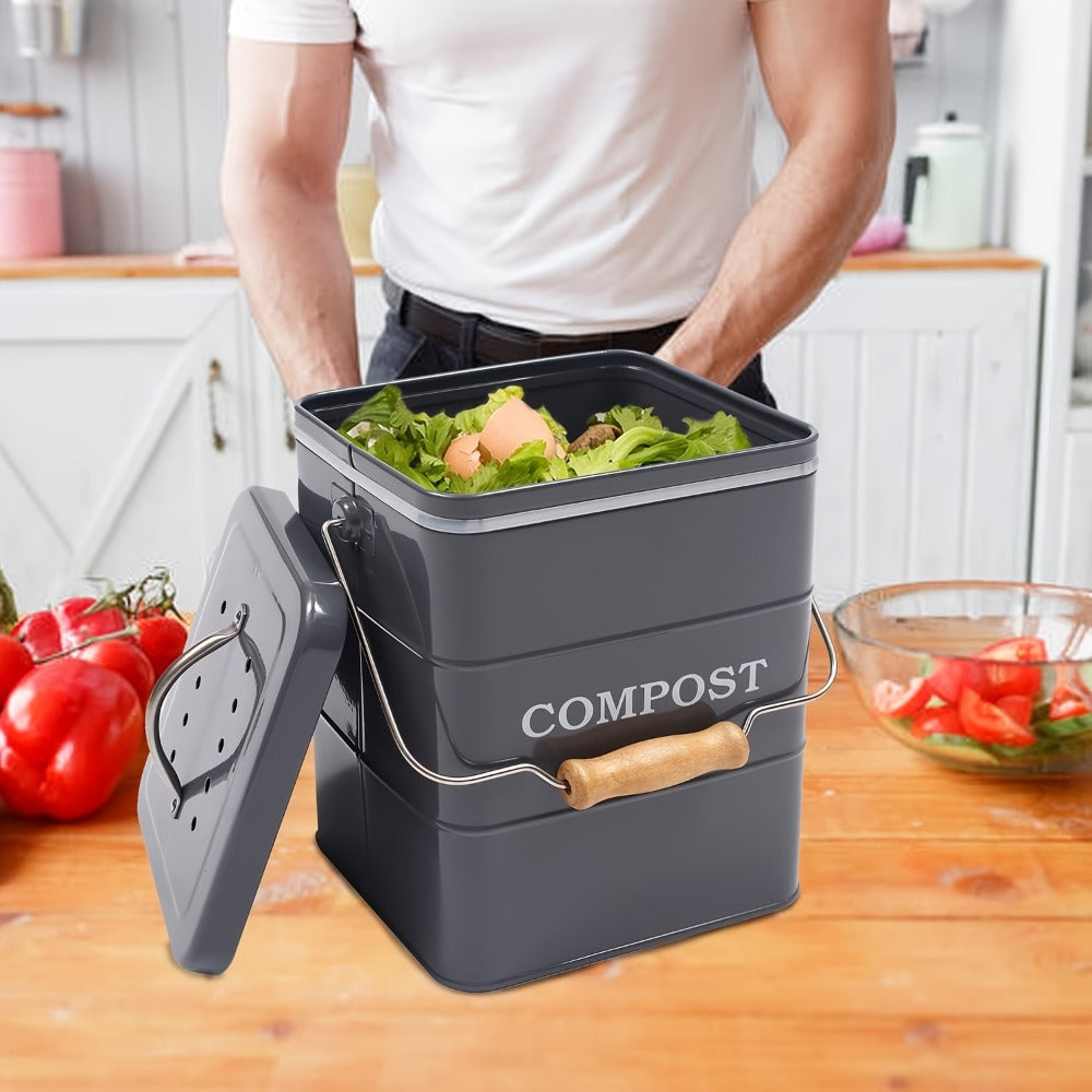 Kitchen Compost Bin 1 Gallon with Charcoal Filter & Wooden Handle, Odor-Free Indoor Countertop Food Waste Bin, Metal Compost Bucket for Home Kitchen, Available in Black, White, Gray, Green