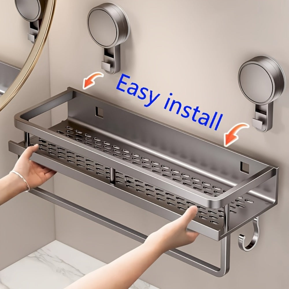 Shower Caddy Shelf Wall Mounted Suction Cup Rustproof Floating Bathroom Organizer Rack with Towel Hook for Shampoo Soap Accessories Space Saving Storage