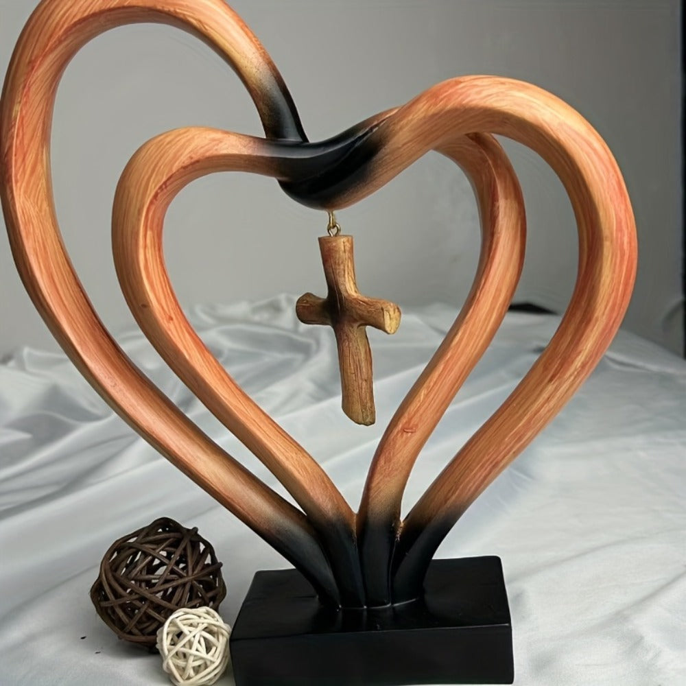 Resin Cross Ornament Wood Grain Love Design ¨C Modern Decorative Cross Statue for Home Office Desktop, Mother's Day Valentine's Day Gift, Tabletop Spiritual Decor Figurine