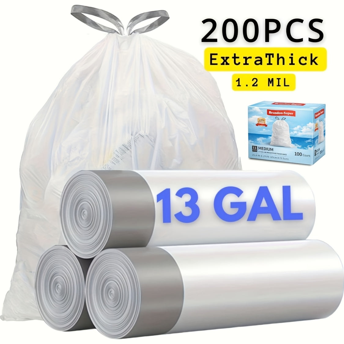 13 Gallon Drawstring Trash Bags Extra Thick Tear Resistant Leak Proof Heavy Duty Garbage Liners for Kitchen Bathroom Office Restaurant High Traffic Areas 100 Pack 200 Pack