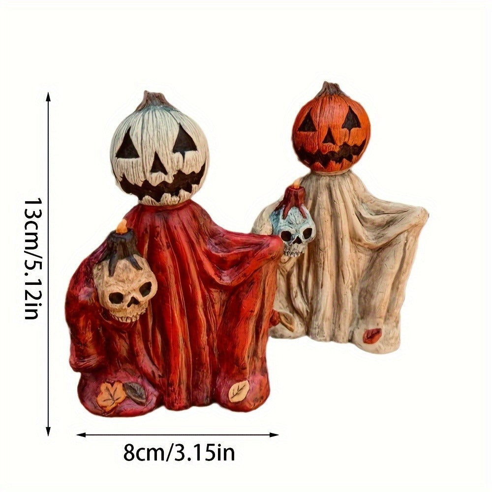 Halloween Pumpkin Wizard Resin Figurine 2-Pack ¨C Spooky Desktop Ornament & Bookshelf Decor, Skeleton Gnome Tabletop Statue for Halloween Home Decor & Seasonal Display