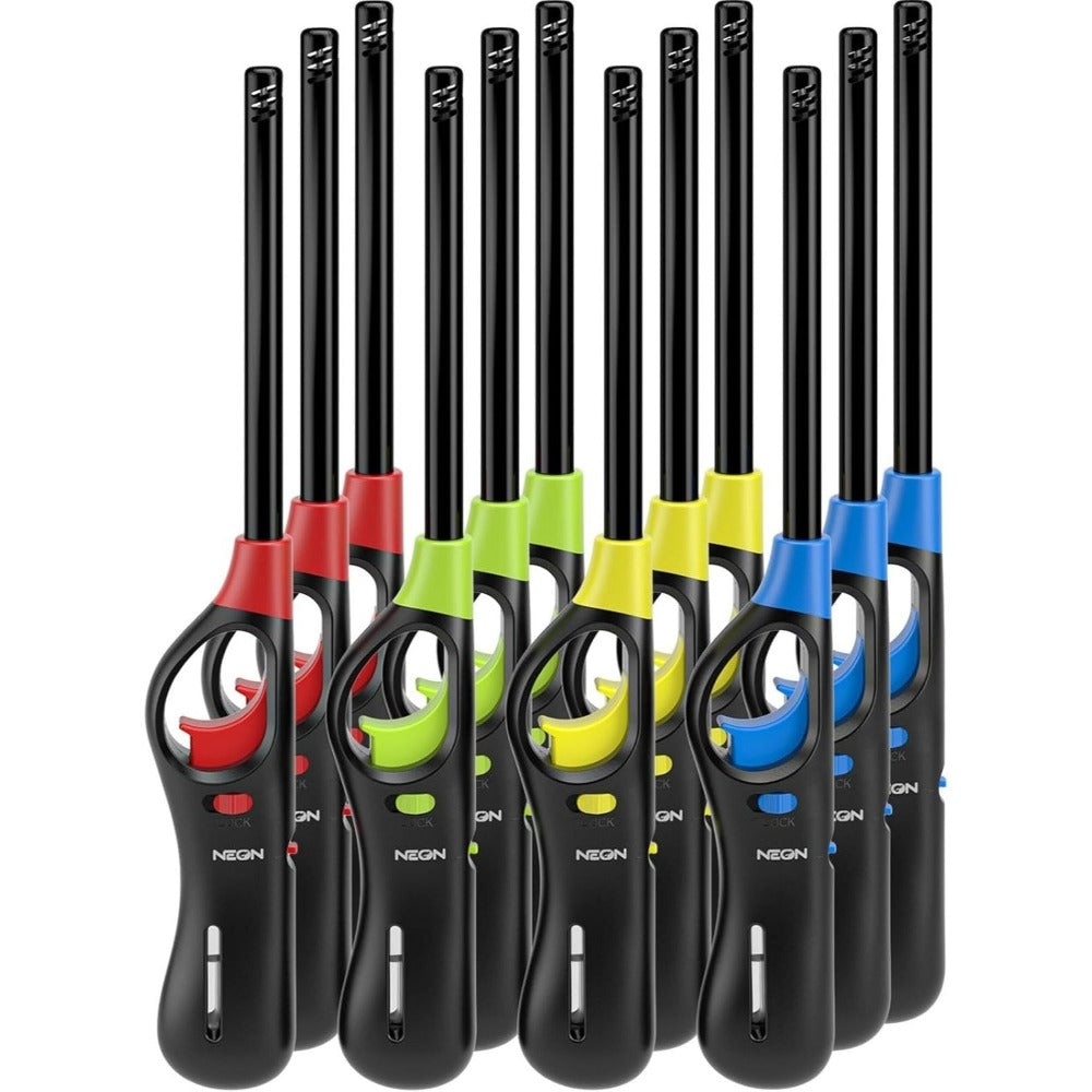 NEON Refillable Butane Candle Lighter 6-Pack - Long Metal Wand Adjustable Soft Flame Multi-Purpose Lighter for BBQ Grill Stove Fireplace Camping Kitchen