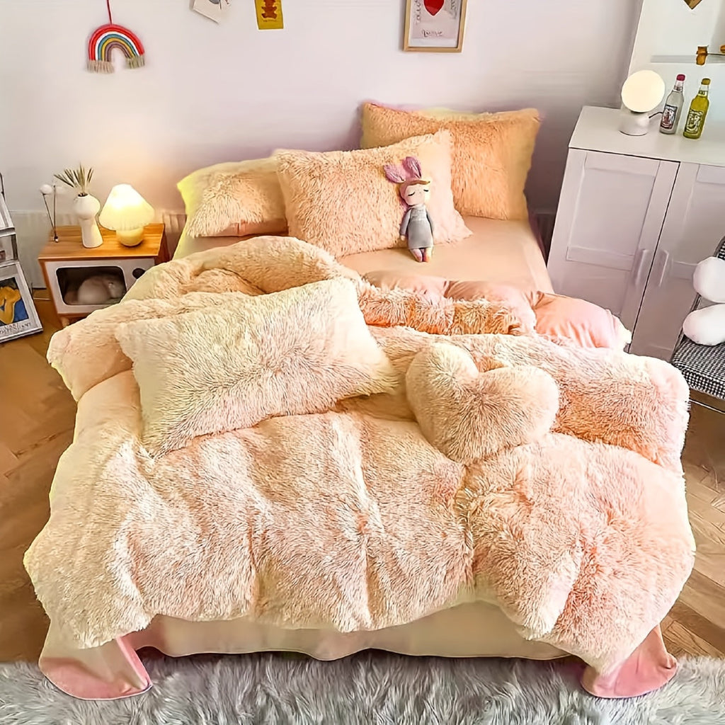 Faux Fur Duvet Cover Set Twin Queen King Super Soft Plush Comforter Cover with Pillowcases Heart Pillow for Kids Teens Machine Washable Bedroom Decor