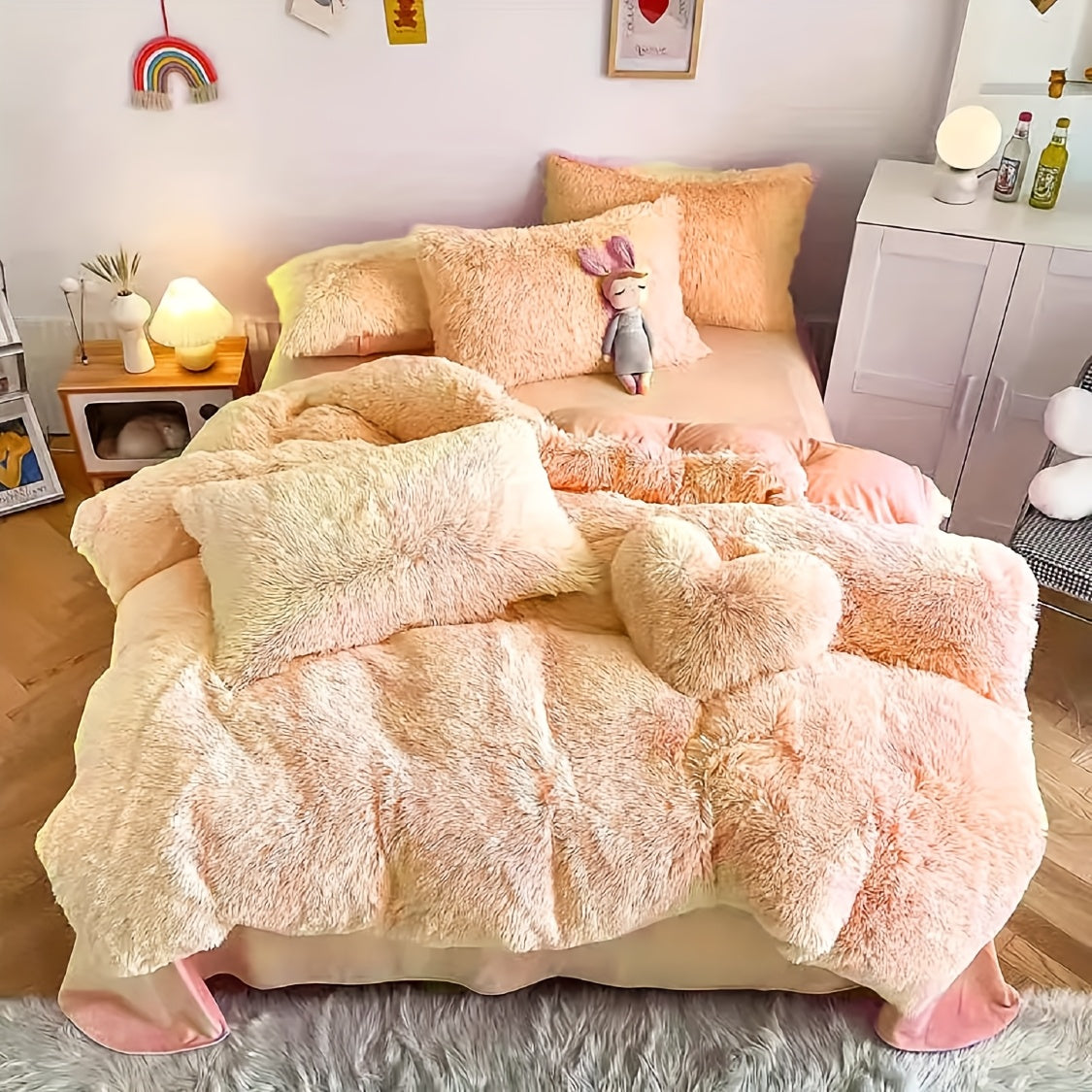 Faux Fur Duvet Cover Set Twin Queen King Super Soft Plush Comforter Cover with Pillowcases Heart Pillow for Kids Teens Machine Washable Bedroom Decor