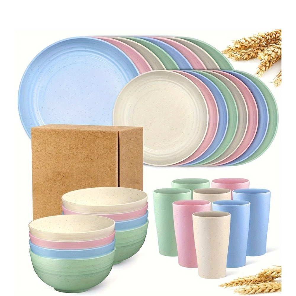 32pcs Wheat Straw Dinnerware Set for 8 - Unbreakable Plastic Plates Bowls Cups Set, Lightweight BPA-Free PP Tableware for Picnic Camping Outdoor, Modern Round Dishware for Home Parties Holiday