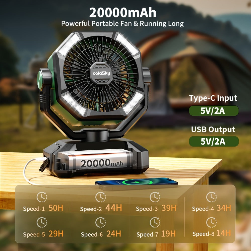 Camping Fan with Dual Motors & 4 LED Lights ¨C Portable Tent Fan with Remote Control, 8 Speed Settings, 20000mAh Battery & Hanging Hook for Outdoor Camping, Power Outages & Indoor Use