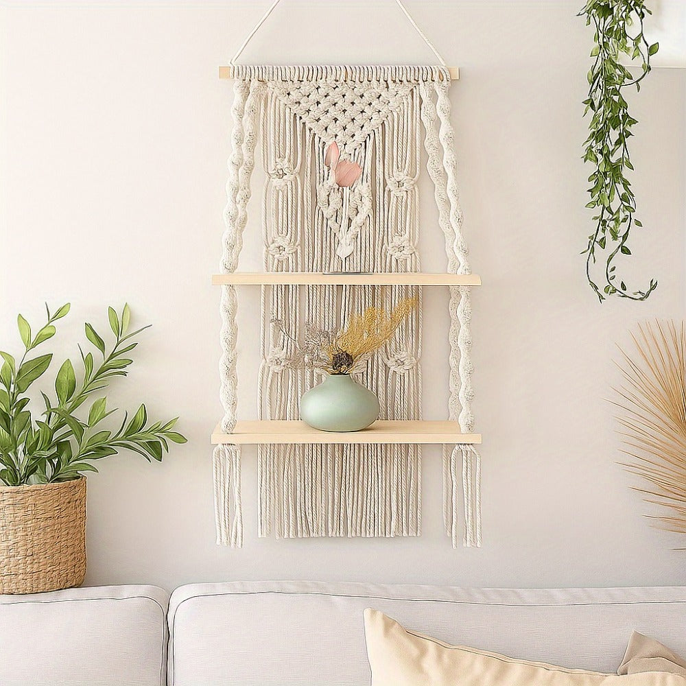Macrame Wall Hanging with Tassel, Boho Woven Wall Decor for Living Room Bedroom Balcony, Two-Layer Lace Plant Hanger for Photo Frames & Small Plants ¨C Bohemian Home Decor Wall Art