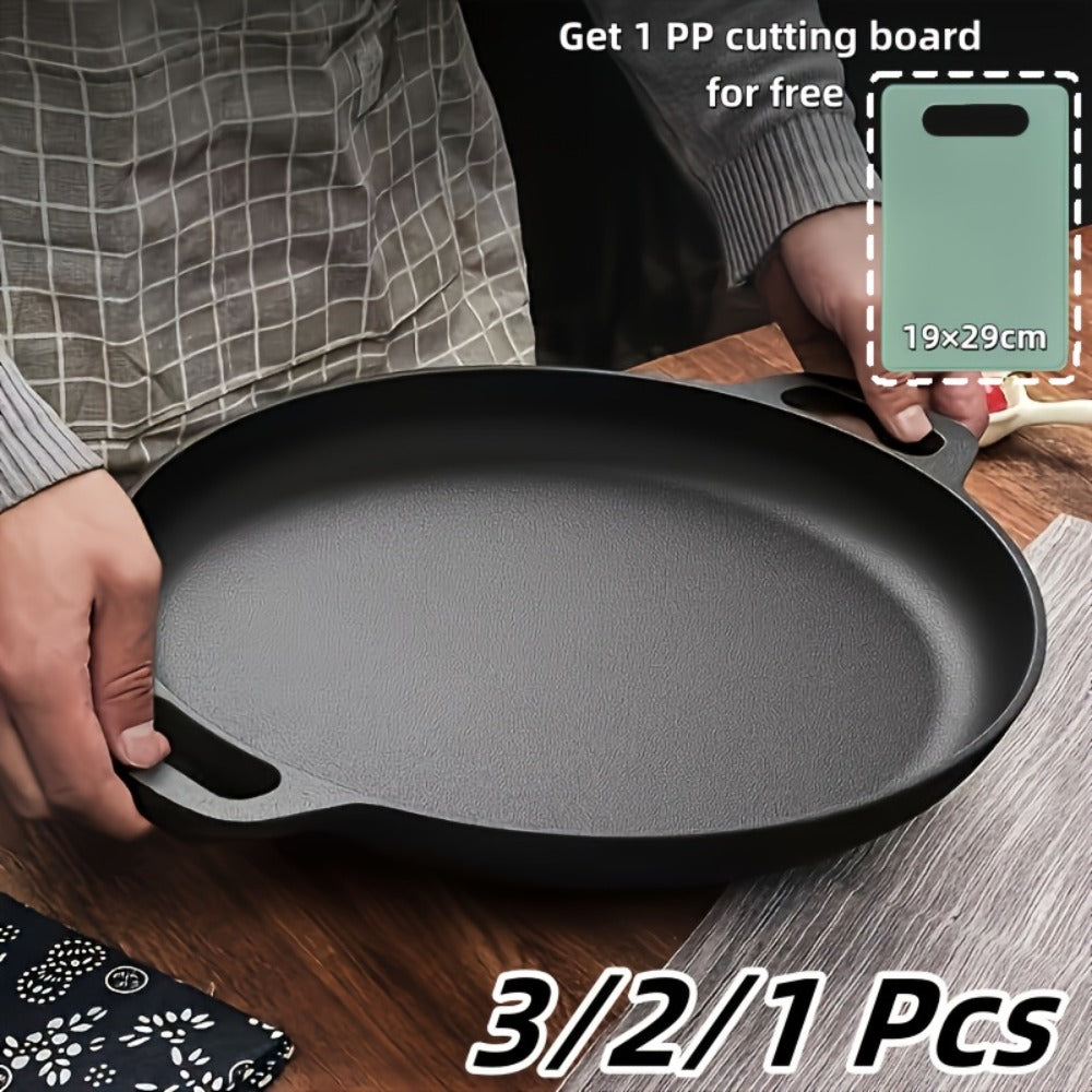Pre-Seasoned Cast Iron Pan Set - Non-Stick Multifunctional Skillet for Pizza Home Kitchen Outdoor Cooking, Even Heating Compatible with All Stoves, 1/2/3 Piece Options