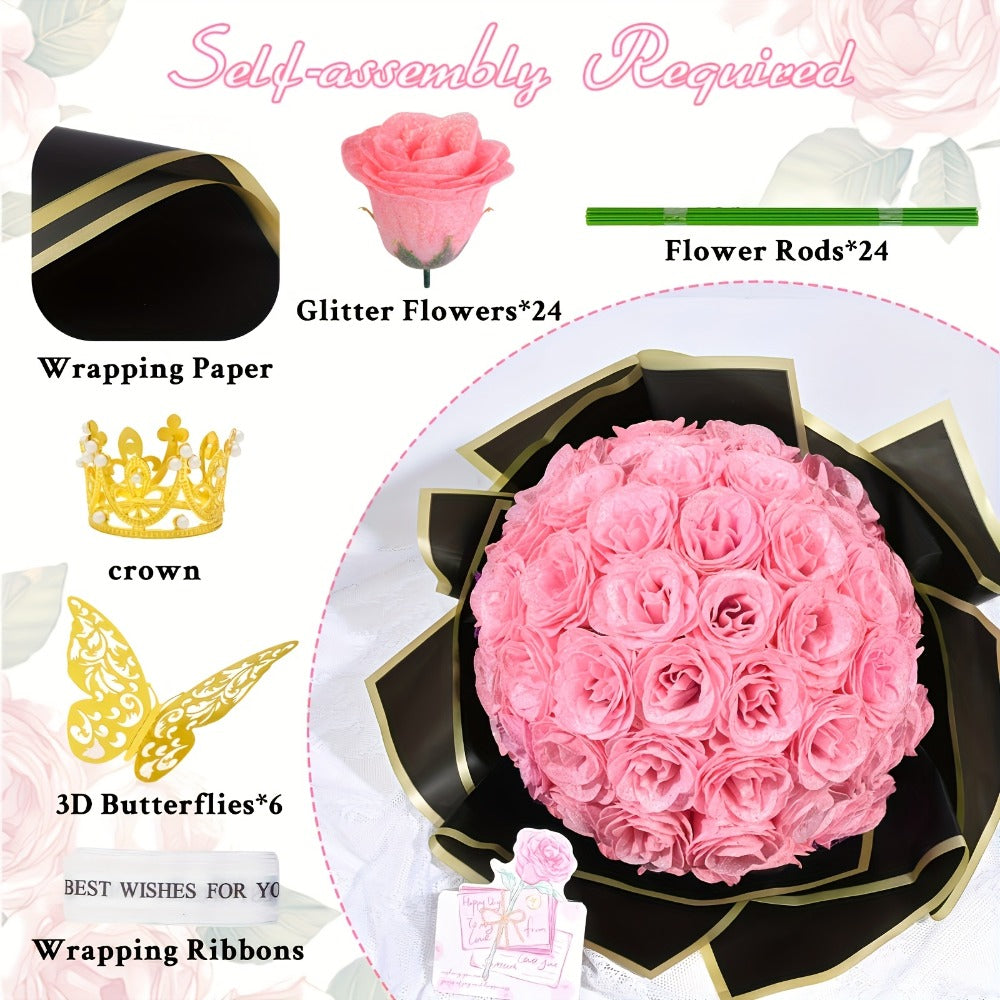 Artificial Rose Bouquet 24 Glitter Roses with 6 Golden Butterflies, Everlasting Shiny Fake Flower Bouquet for Wedding, Anniversary, Engagement & Home Decor | Purple, Red, Pink, Blue