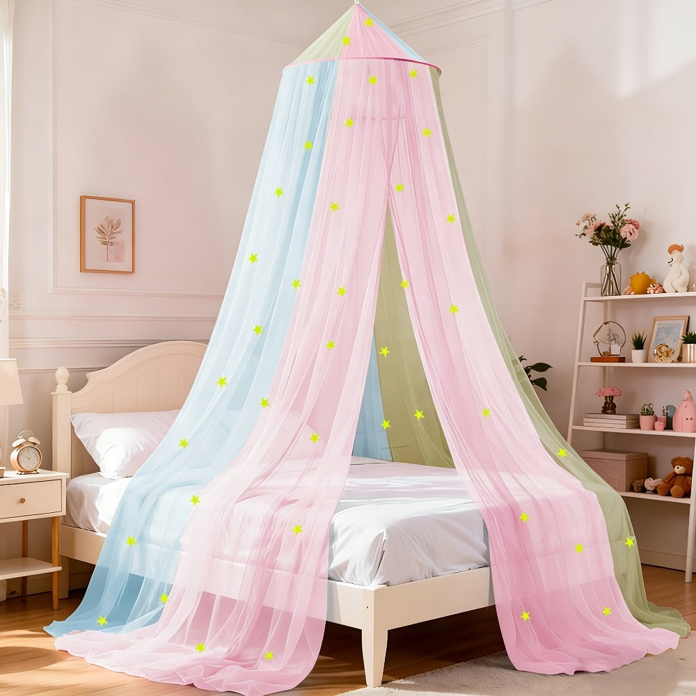 Bed Canopy for Girls Princess Rainbow Glow in the Dark Stars Colorful Canopy Curtain Fits Single Full Queen Size Bed Kids Room Decor Ceiling Tent Netting Machine Washable