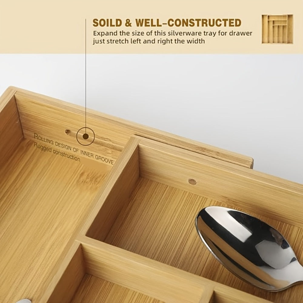 Bamboo Drawer Organizer Expandable Adjustable 9-Compartment Silverware Tray Cutlery Utensil Holder for Kitchen Drawer Office Desk Bedroom Eco-Friendly Bamboo Storage Divider Organizer