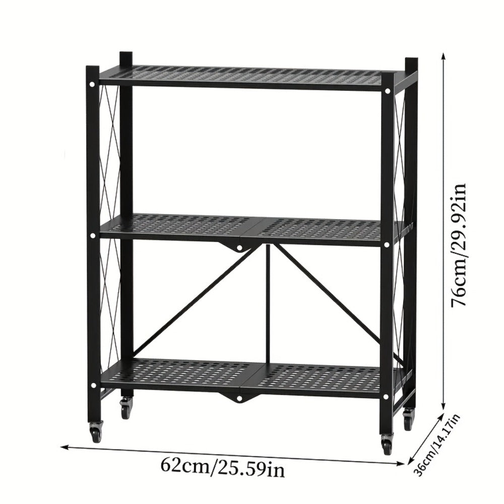 Storage Rack 3-5 Tier Foldable Shelving Unit with Wheels - Portable Multi-Layer Floor Standing Utility Shelf Organizer for Bedroom Closet Kitchen Office Black White