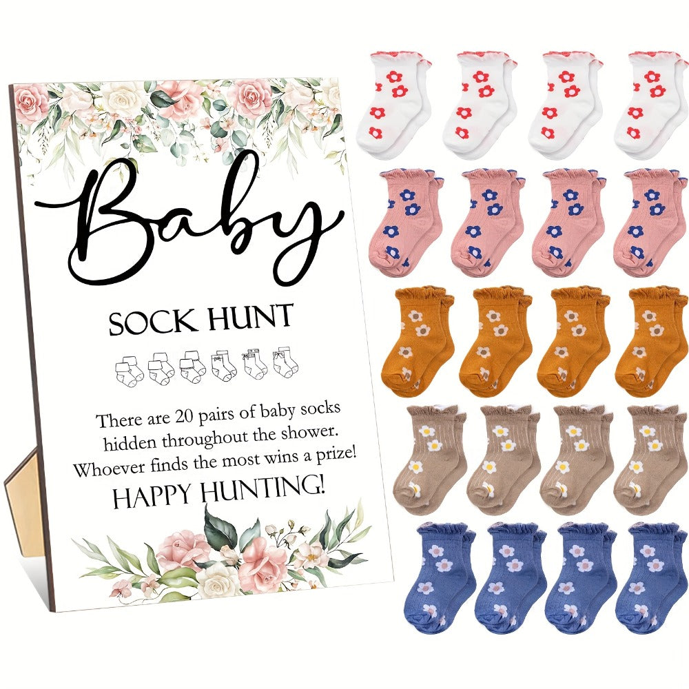 Baby Shower Sock Hunt Game Set 20 Pairs Cotton Socks with Wooden Table Sign Gender Reveal Party Favor