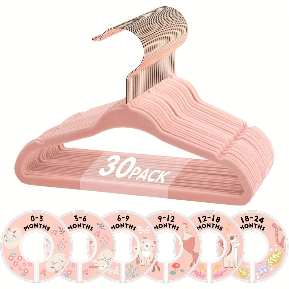 Baby Hangers Pink Velvet Non-Slip Nursery Closet Kids Clothes Hangers with Size Dividers for Infant Toddler Girls Boys 50/30pcs