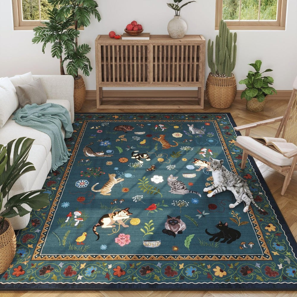 Boho Cat Floral Area Rug ¨C Vintage Blue Animal Print Low Pile Carpet, Non-Slip Soft Rug for Living Room, Bedroom & Dining Room, Round & Runner Sizes, Easy Clean