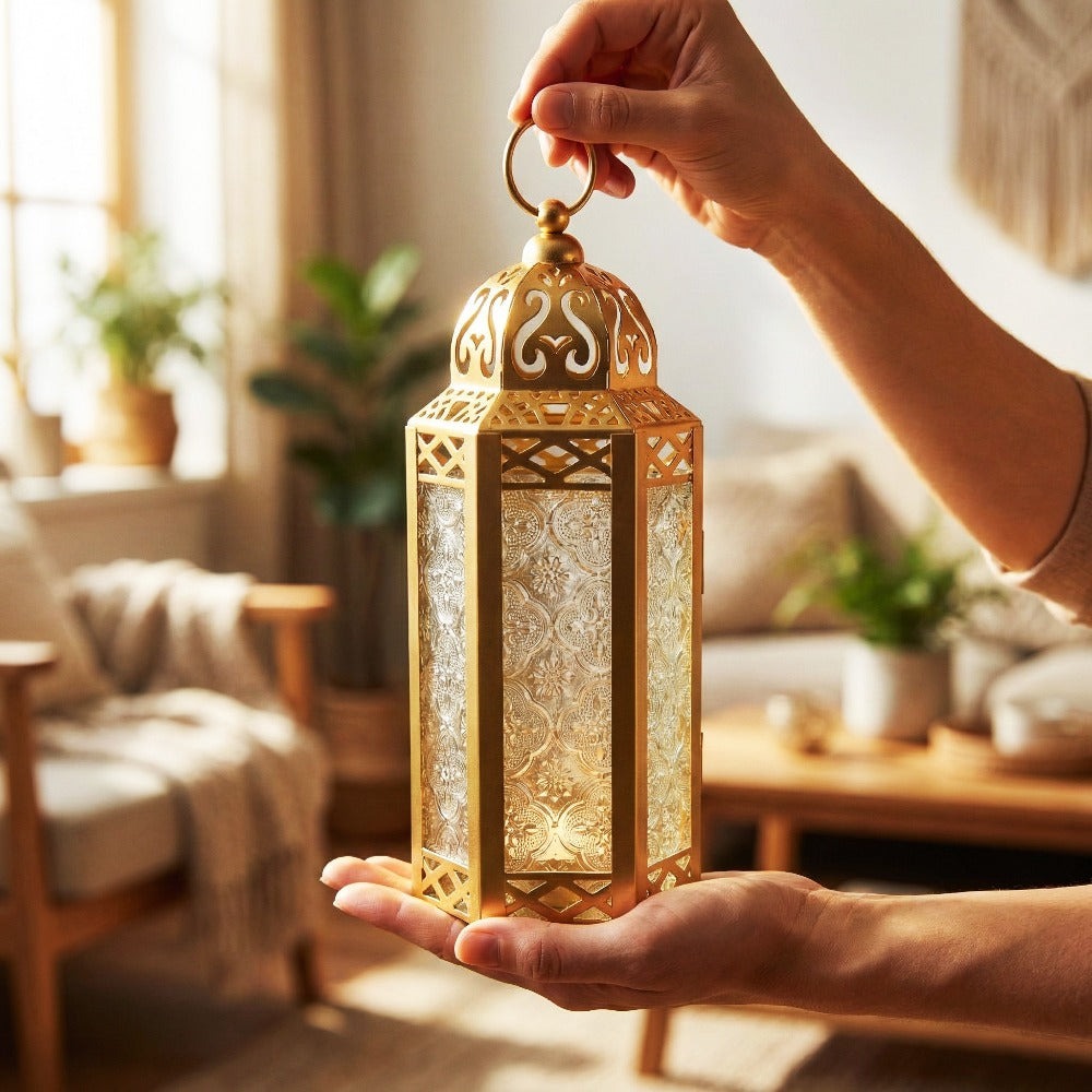 Moroccan Candle Lantern Holder - Decorative Metal & Glass Lantern with Embossed Floral Design for Indoor Home Decor, Garden, Patio, Weddings, Ramadan, Halloween & Holiday Celebrations - 10.5¡± Tall Medium Size