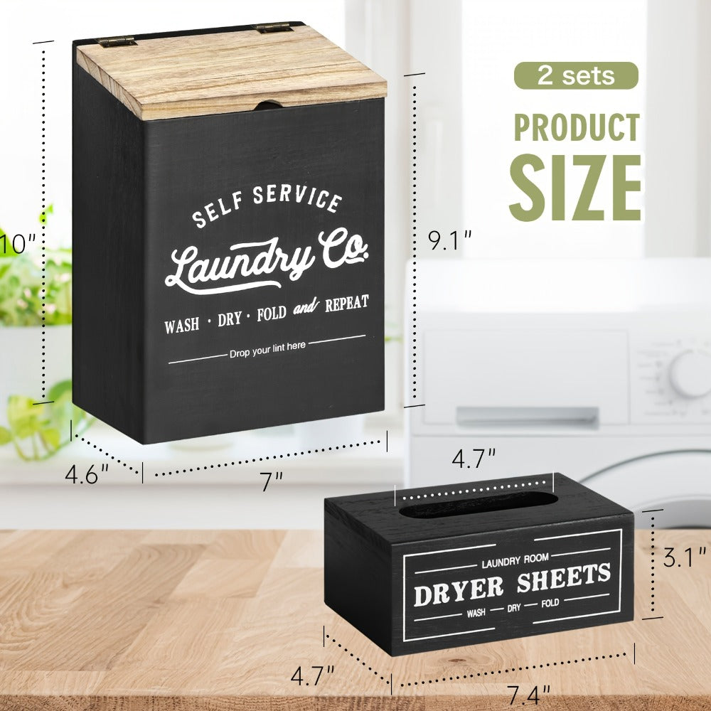 Magnetic Lint Holder & Dryer Sheet Dispenser 2-Pack, Farmhouse Wooden Lint Trash Can with Lid for Dryer, Wall Mount Dryer Sheet Box Organizer for Laundry Room Decor, Magnetic Laundry Organizer Set