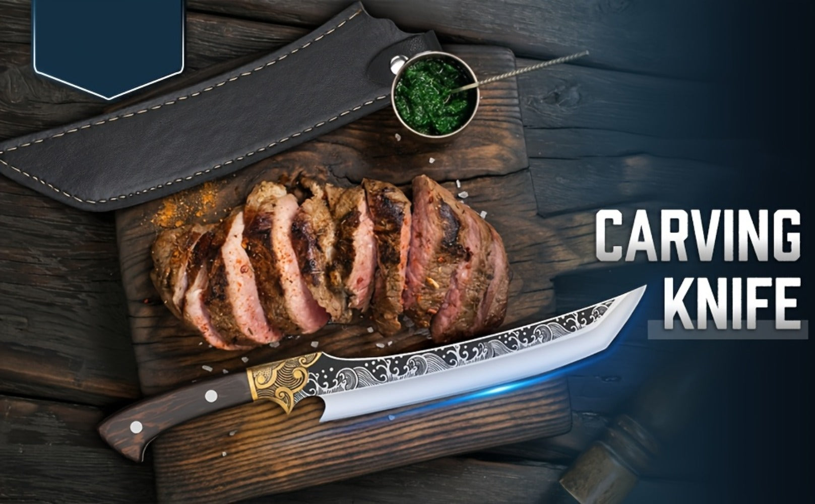 Carving Knife 8.86 Inch High Carbon Steel Brisket Knife Full Tang Ergonomic Handle with Leather Sheath Razor Sharp Meat Cutting Slicing BBQ Grilling Gift for Men Women