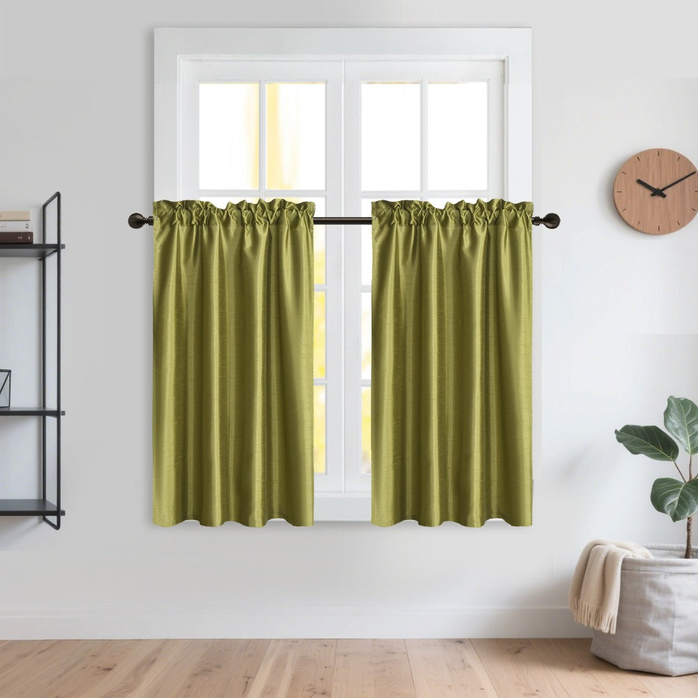 Kitchen Curtains 3 Panels Faux Silk Sheer Tier and Valance Set Rod Pocket 2 Tiers 26x36 inch + Valance 52x14 inch for Kitchen Bathroom Window Drapes