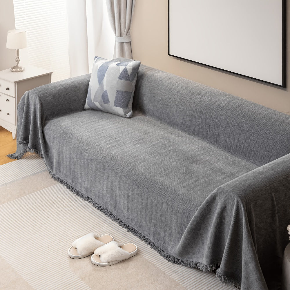Couch Cover Throw Chenille Fringe Extra Large - Pet Friendly Scratch Proof Non-Slip Washable Polyester Sofa Protector | 3 Seat 71x102in 4 Seat 71x134in | Beige Gray Brown | Living Room Multipurpose
