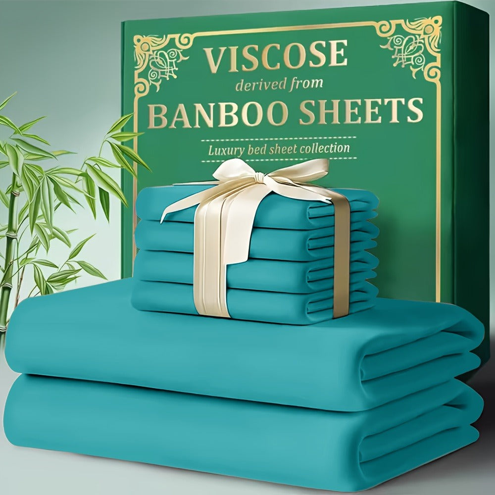 Bamboo Cooling Bed Sheet Set 4pcs - Ultra Soft Breathable Deep Pocket Fitted Sheets, 2200TC Cooling Fabric, Shrink & Wrinkle Resistant, All-Season Bedding
