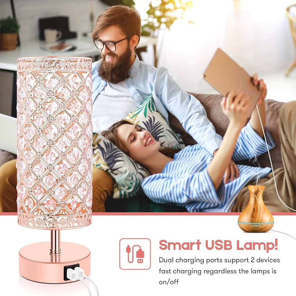 Crystal Bedside Table Lamp with Touch Control & 2 USB Charging Ports, 3-Way Dimmable Nightstand Lamp with Decorative Crystal Base, LED Bulb Included, for Bedroom Living Room Office