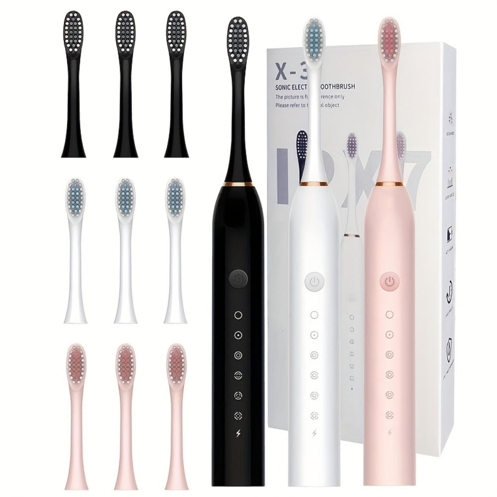 Rechargeable Electric Toothbrush with 6 Cleaning Modes & Smart Timer ¨C USB Sonic Toothbrush for Adults, Replacement Heads Included, 3 Colors, Whitens Teeth & Protects Gums, Great Family Gift