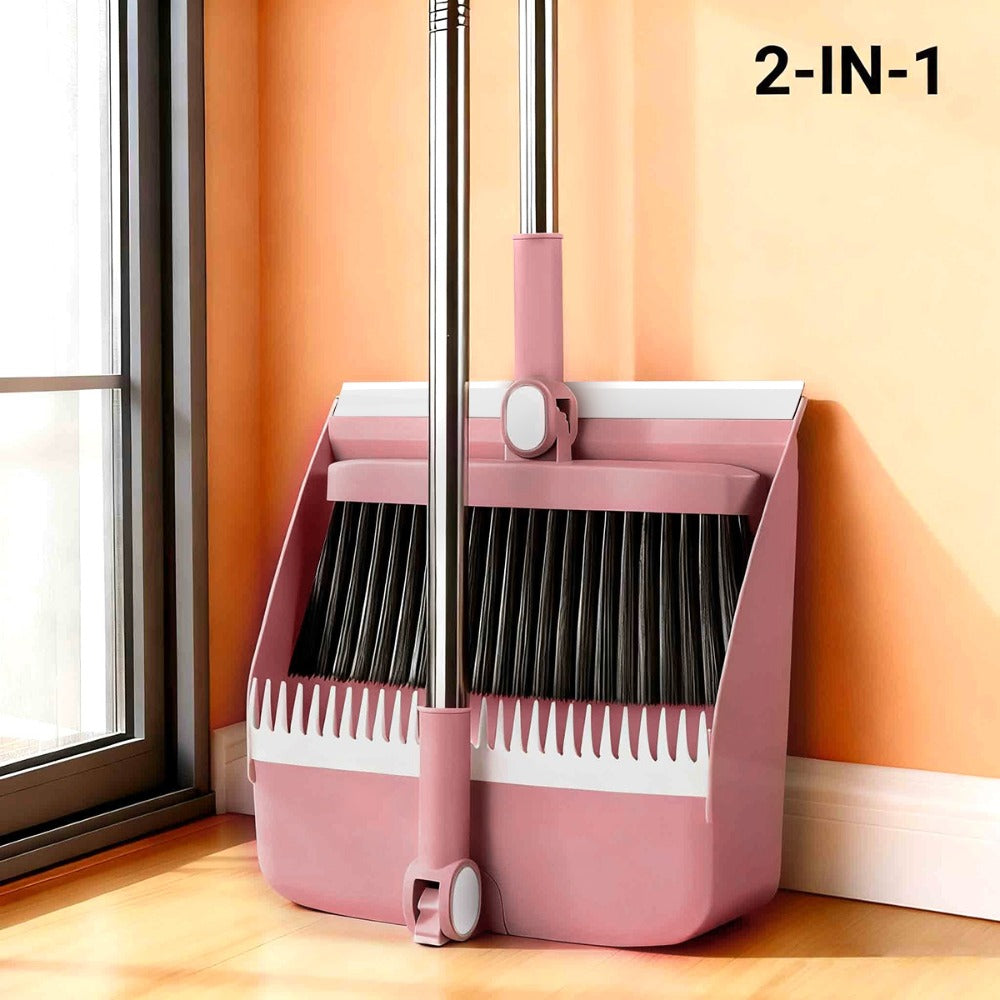 Broom and Dustpan Set with Long Handle - 2-in-1 3-in-1 4-in-1 Foldable Broom Dustpan Combo with Floor Brush for Home Office Dorm Room, Quick Dust Removal Household Cleaning Tool Set, White Pink Blue Orange Purple Grey