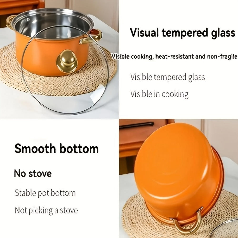 Stainless Steel Non-Stick Cookware Set 10/12pcs, 316 Grade Steel Frying Pan, Stockpot & Milk Pot with Lid, Multi-Functional Kitchen Cooking Set in Gold, Pink & Orange
