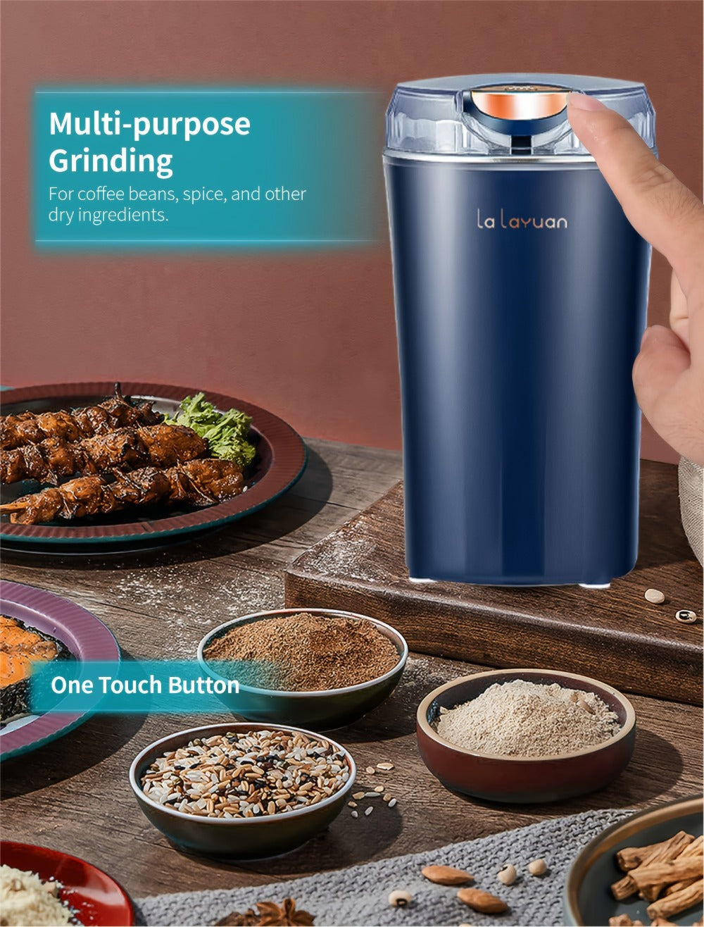 Electric Coffee Grinder 200W | Quiet Spice Grinder | 80g Large Capacity 12 Cups | 304 Stainless Steel Blade | One-Touch Operation | Grinds Coffee Beans Spices Nuts Grain | Blue Black