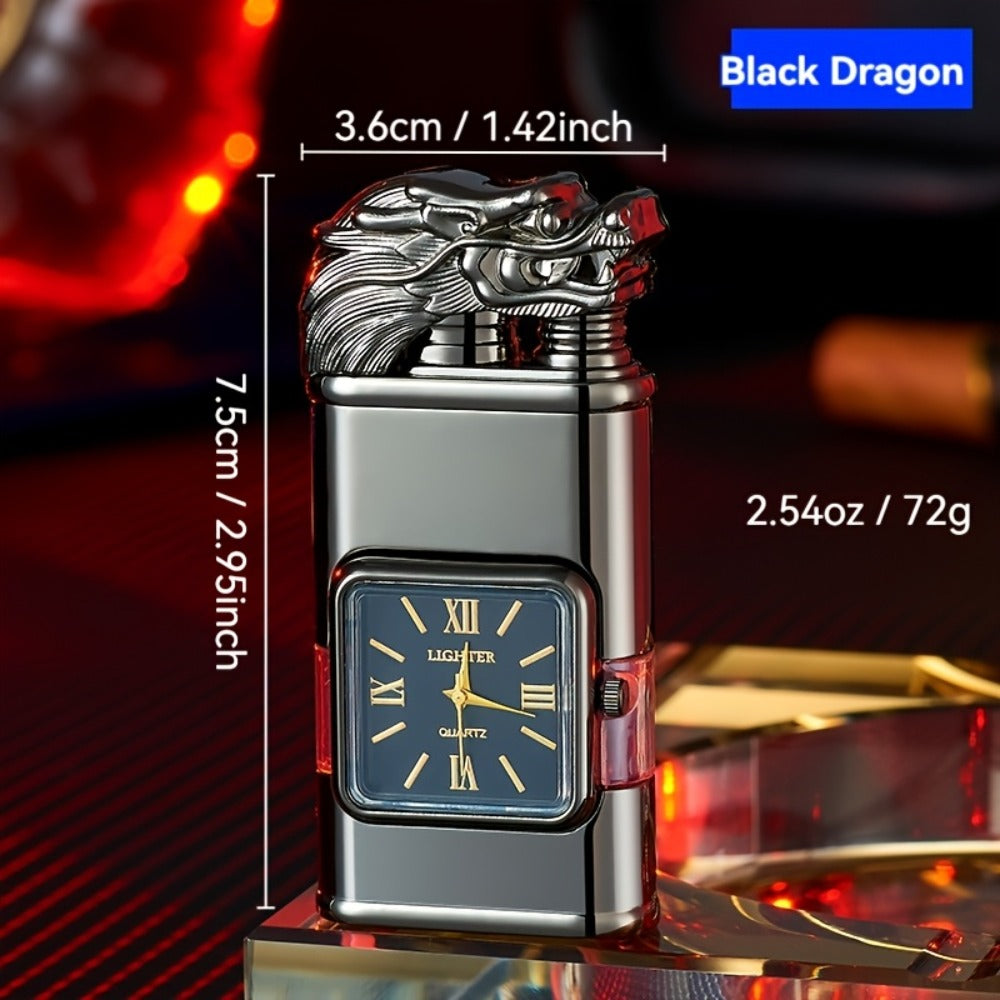 Double Flame Windproof Lighter Creative Retro Metal Lighter Dragon Eagle Gun Shape Quartz Dial Portable Outdoor Lighter Men Gift Box Butane Gas Not Included